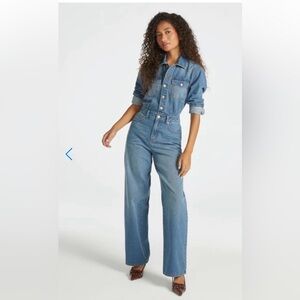 JustFab Boyfriend Denim Jumpsuit Blue Women’s Large Fits 12–14